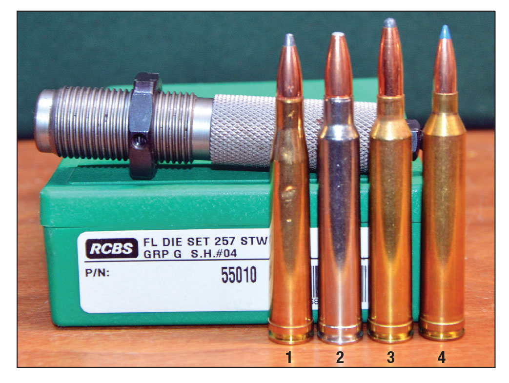 RCBS made the first 257 STW reloading dies in 1997. Die sets made by Redding are usually in stock at Graf & Sons. The case can be formed from any full-length Holland & Holland case but the 8mm Remington Magnum and 7mm STW cases are best because they are simply necked own with no fireforming required. Cartridges from left to right; (1) 300 H&H Magnum, (2) 8mm  Remington Magnum, (3) 7mm STW and (4) 257 STW.